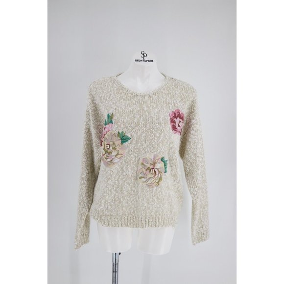 Penbrooke Lane Sweaters - Vintage Penbrooke Lane Beige Floral Long Sleeve Beaded Pearl Accent Sweater L